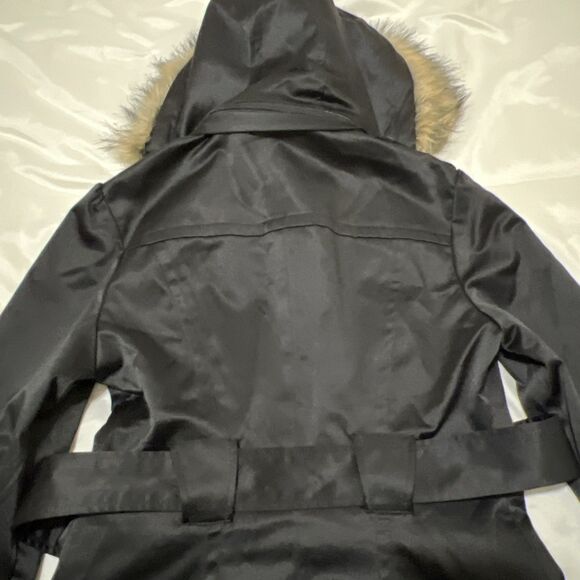 Guess Jacket Trench Coat Removable Faux Fur Trim Hood Womens M Black Gold Lined - Picture 12 of 15